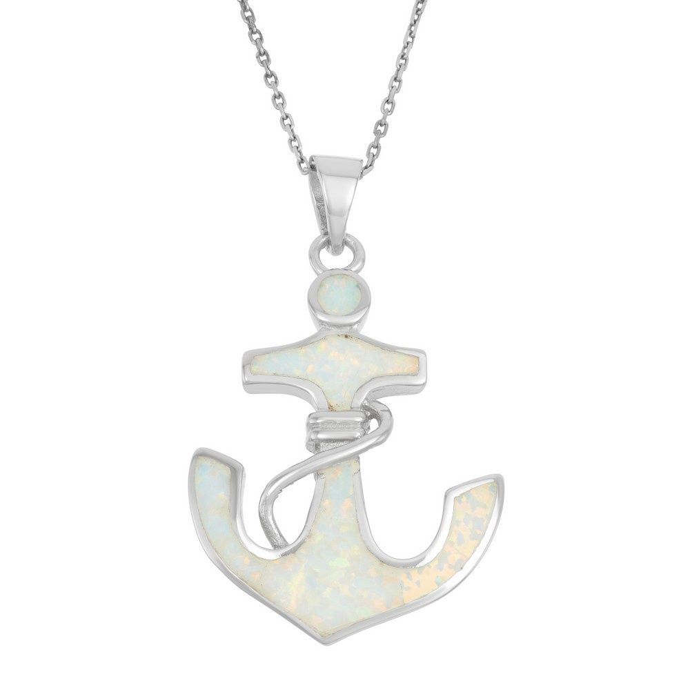 Sterling Silver White Inlay Opal Large Anchor Necklace