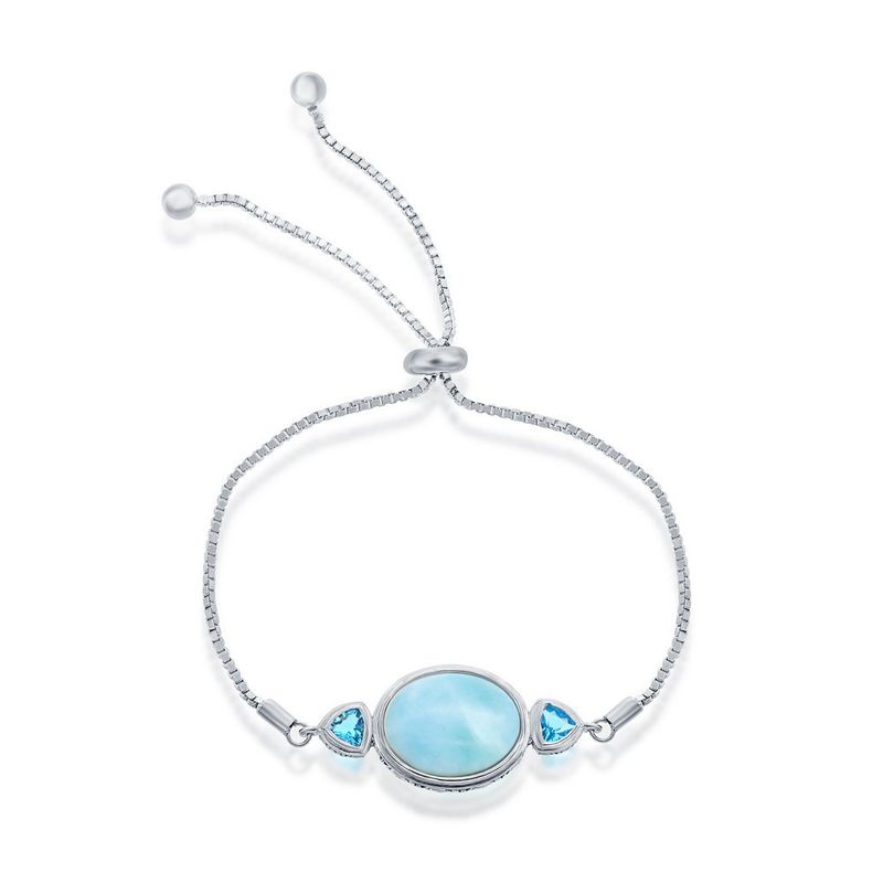 Sterling Silver Oval Larimar with Blue CZ Bolo Bracelet