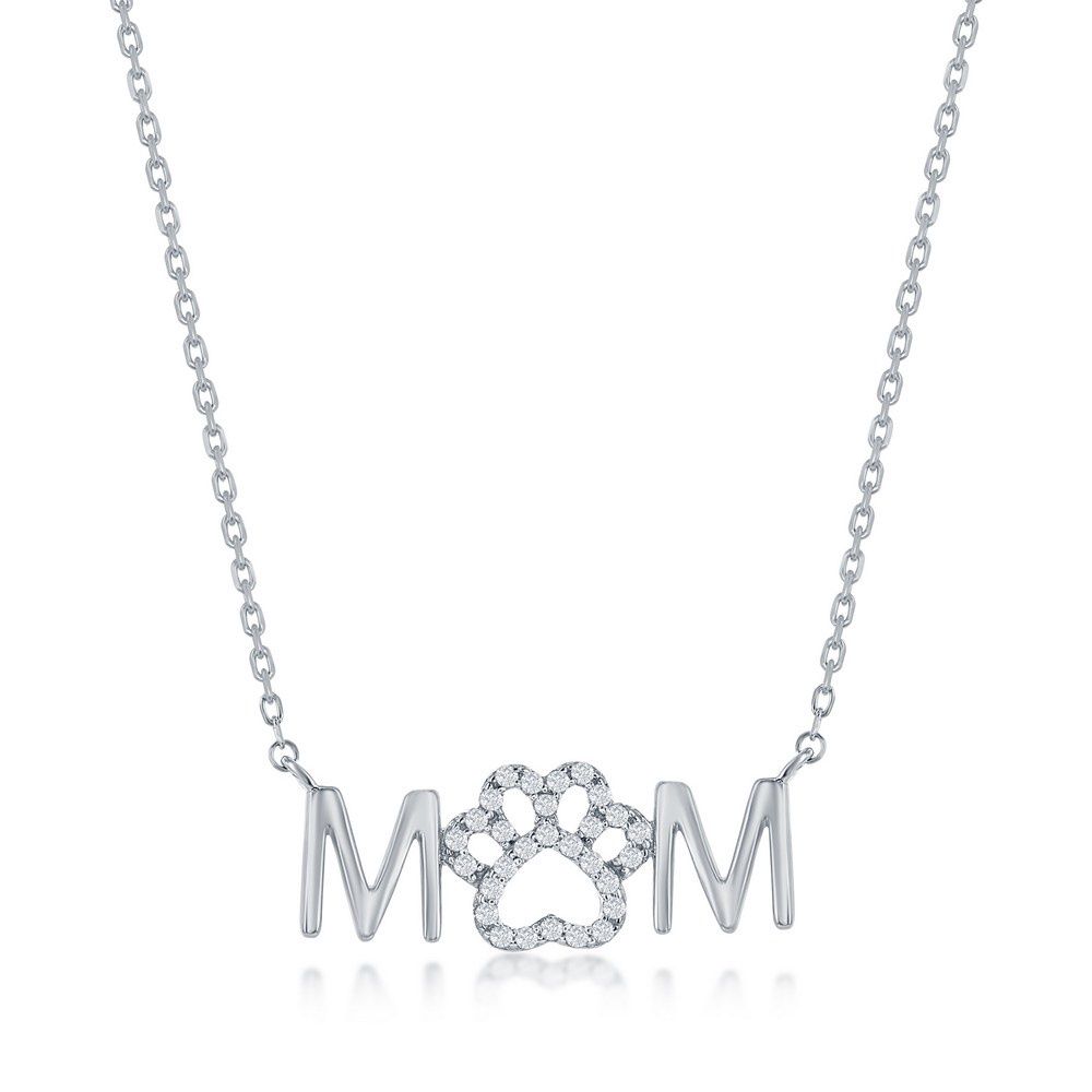Sterling Silver, &#39;MOM&#39; Paw Print CZ Necklace