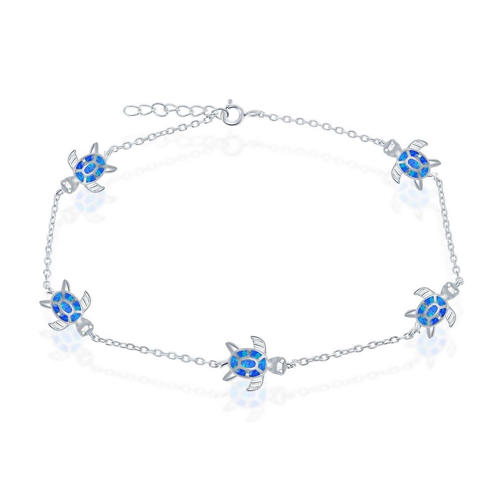 Sterling Silver Opal Turtle Anklet - Blue Inlay