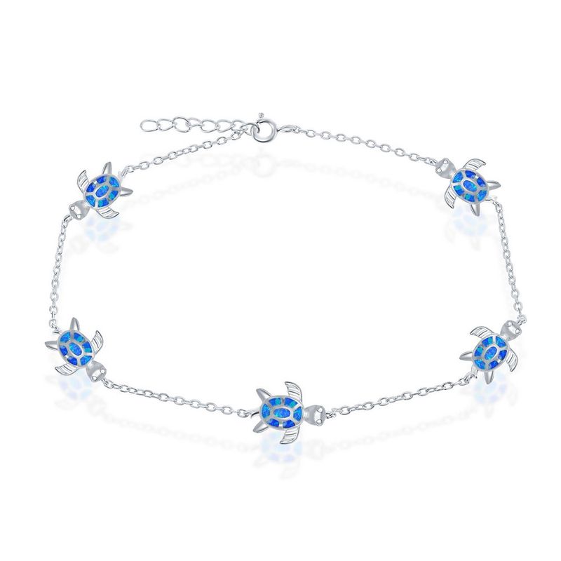 Sterling Silver Opal Turtle Anklet - Blue Inlay