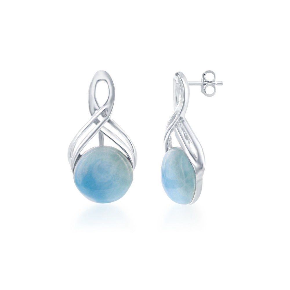 Sterling Silver Half Infinity Design Round Larimar Dangle Earrings