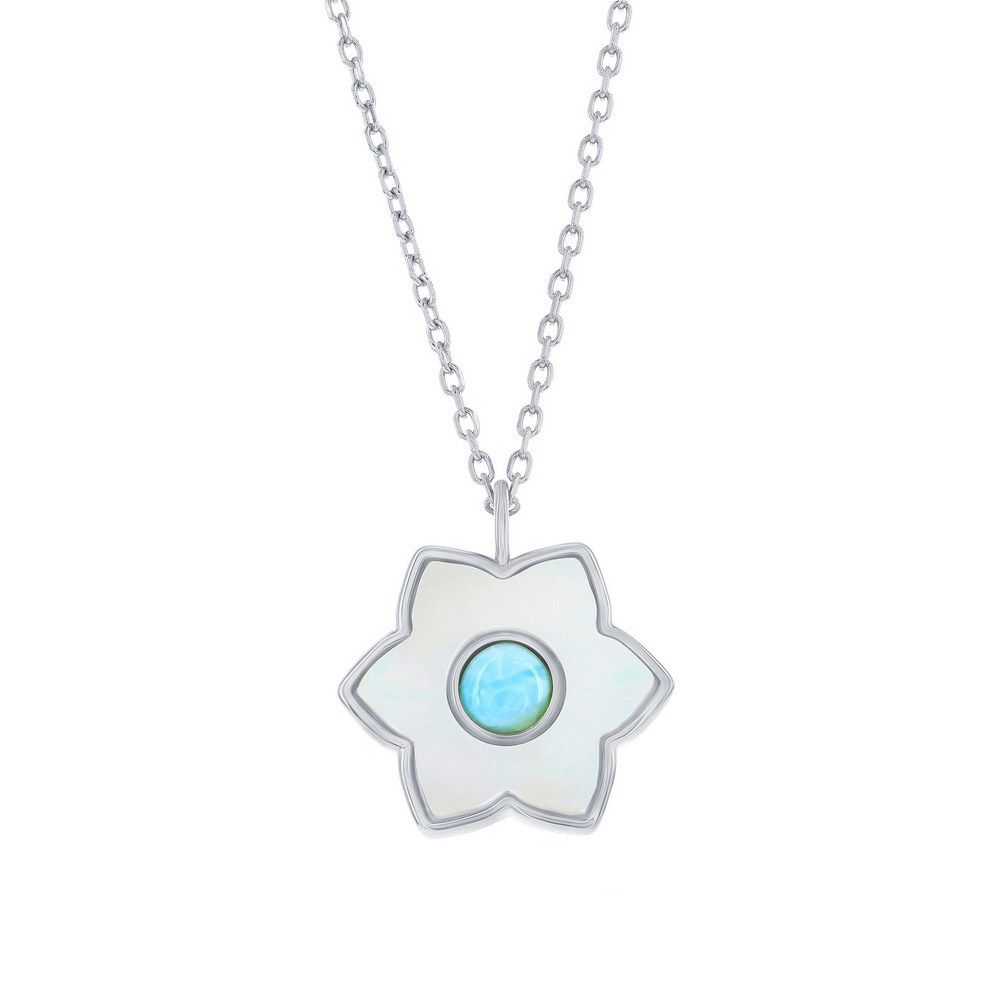 Sterling Silver, Larimar &amp; Mother of Pearl Flower Necklace