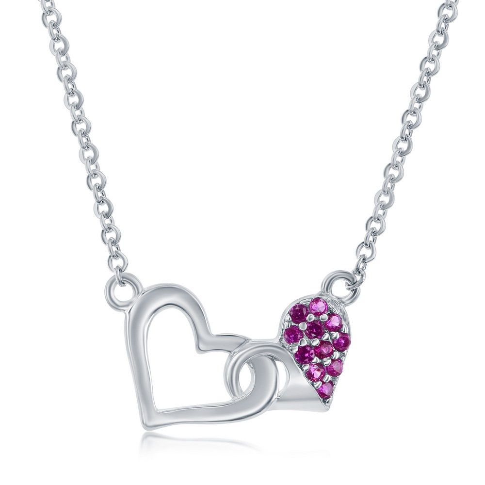 Sterling Silver Double Heart Necklace with Pink CZ