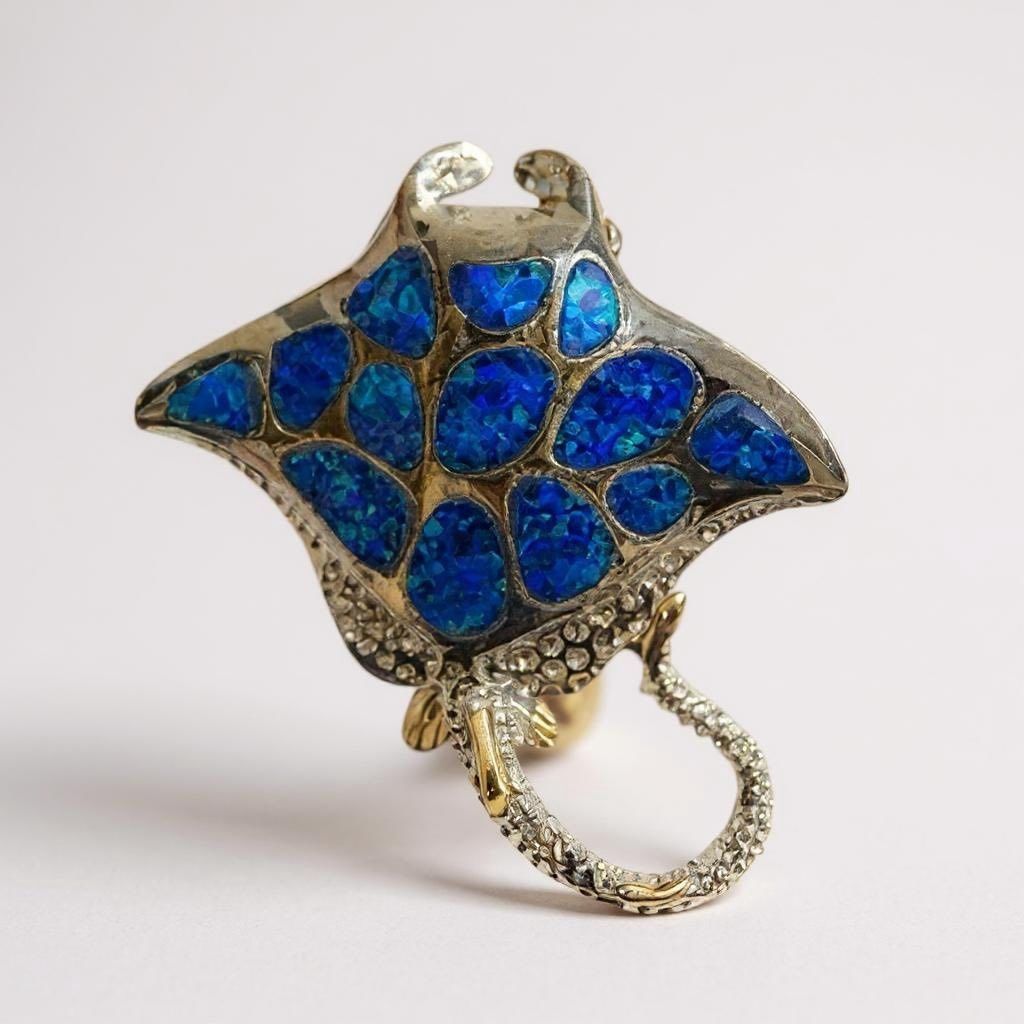 Sterling Silver with 18K Gold Stingray with Dark Blue Opal Inlay