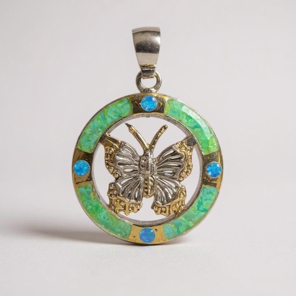 Sterling Silver and 18K Gold Butterfly Pendant with Blue/Green Opal