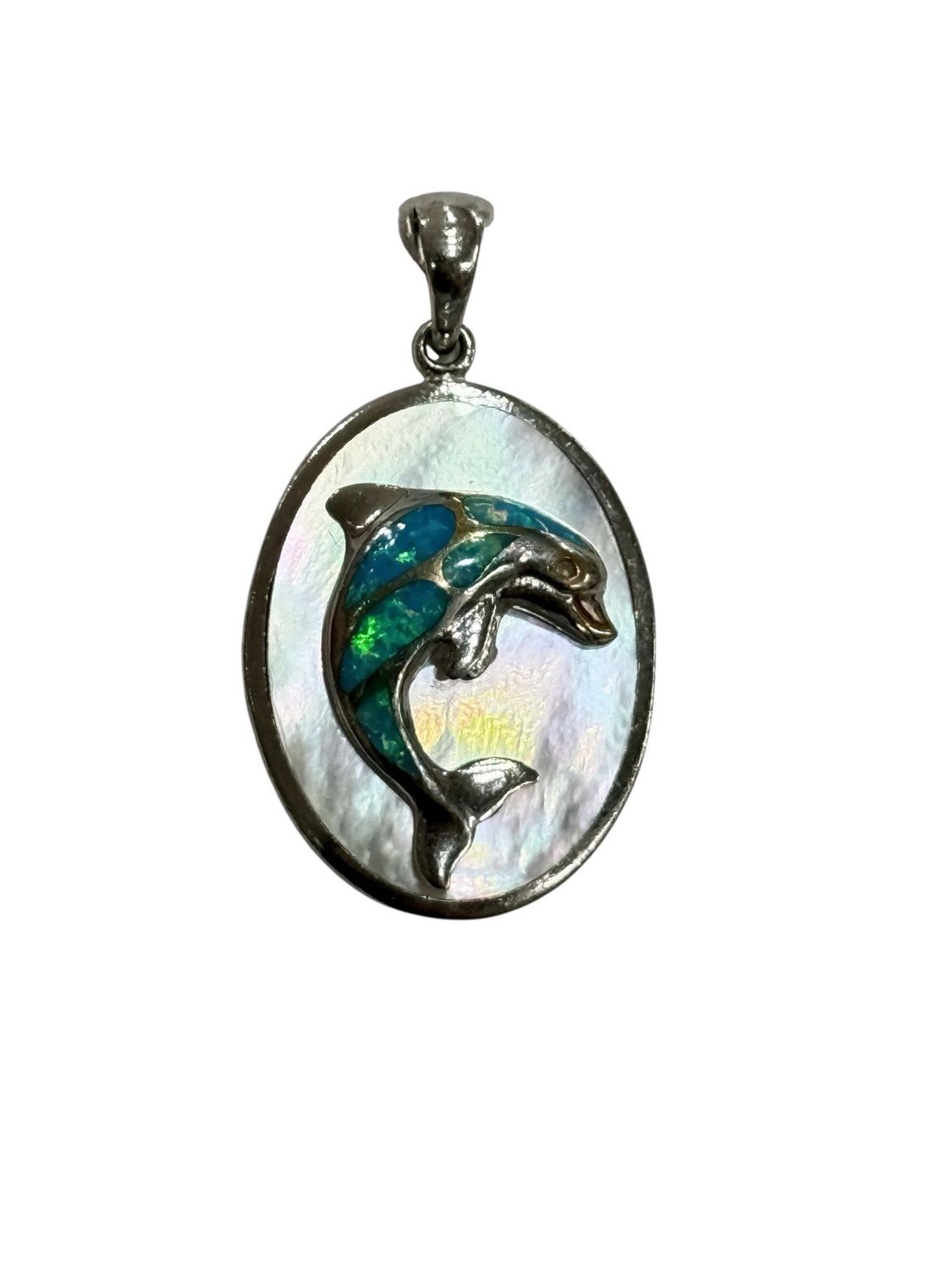 Sterling Silver and 18K Gold Dolphin Pendant with MOP and Blue Opal