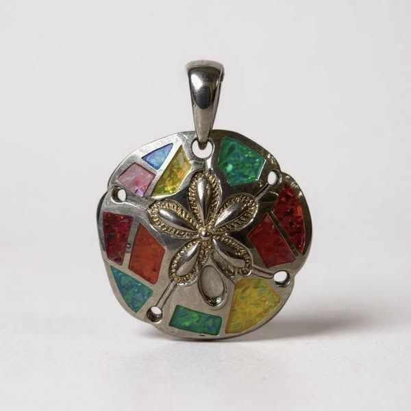 Sterling Silver and 18K Gold Sand Dollar Pendant with Multi-Color Opals