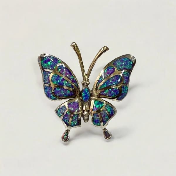 Sterling Silver and 18K Gold Butterfly Pendant with Multi Color Opal