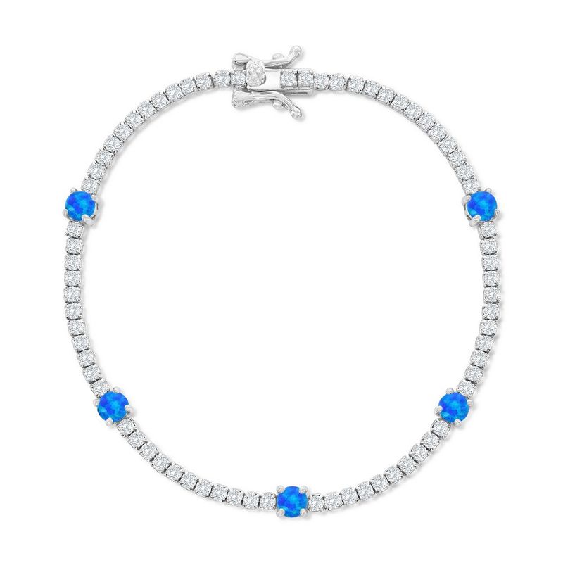 Sterling Silver, Round Blue Opal &amp; CZ Tennis Bracelet-T8267