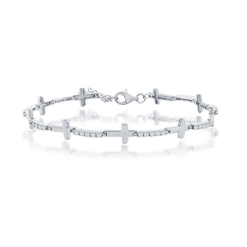Sterling Silver, Sideways Cross &amp; CZ Bracelet