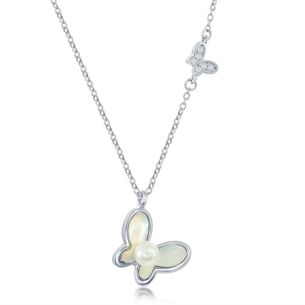 Sterling Silver MOP &amp; FWP with CZ Butterfly Necklace