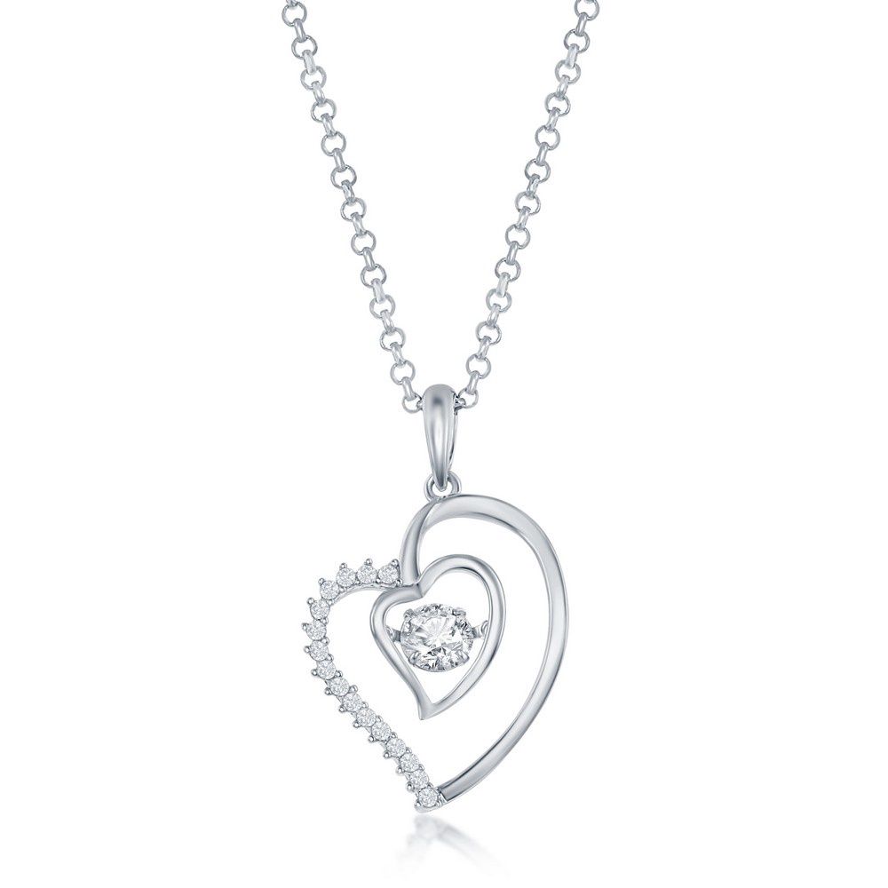 Sterling Silver, Double Heart Dancing CZ Pendant