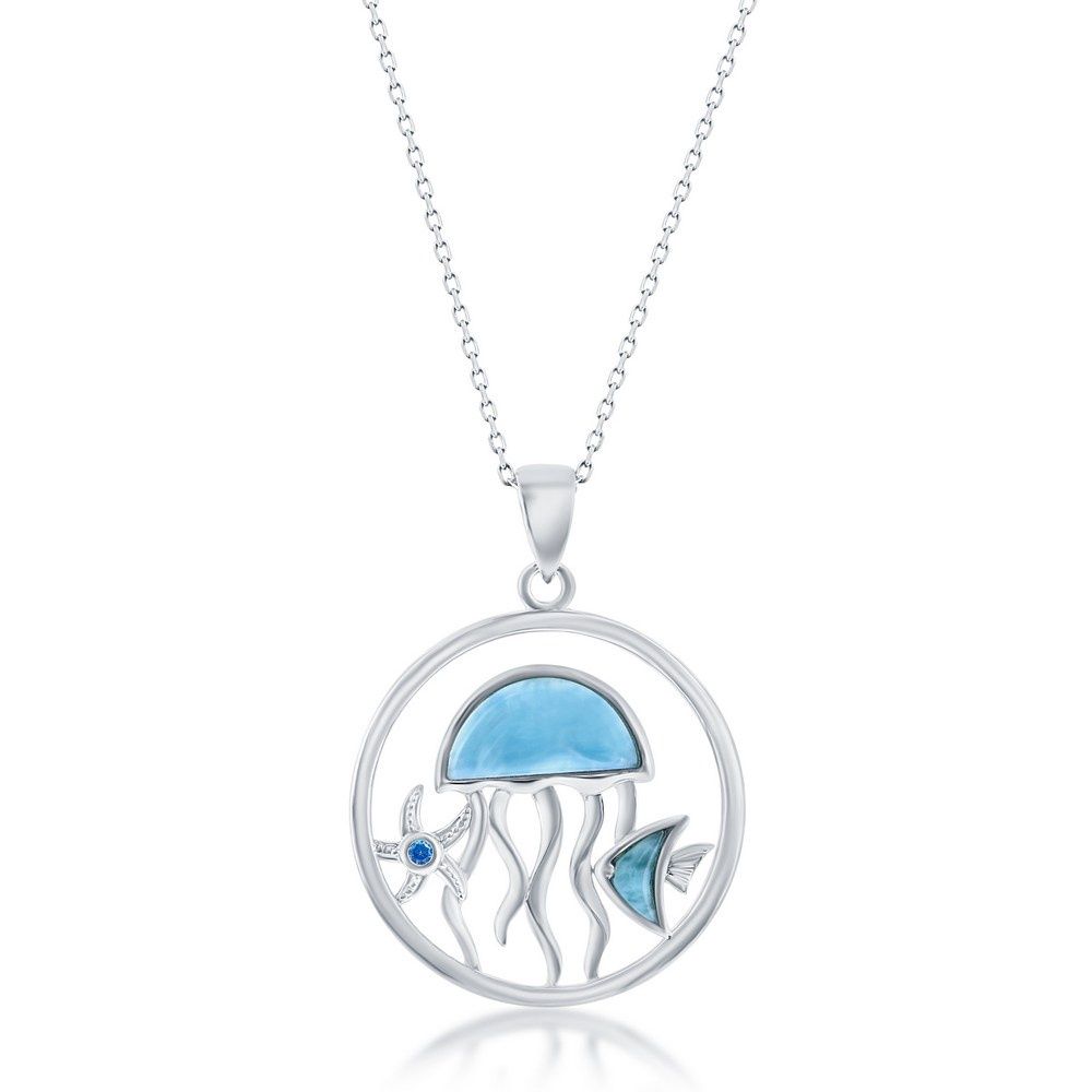 Sterling Silver, Larimar Jellyfish, Fish &amp; Blue CZ Starfish Pendant
