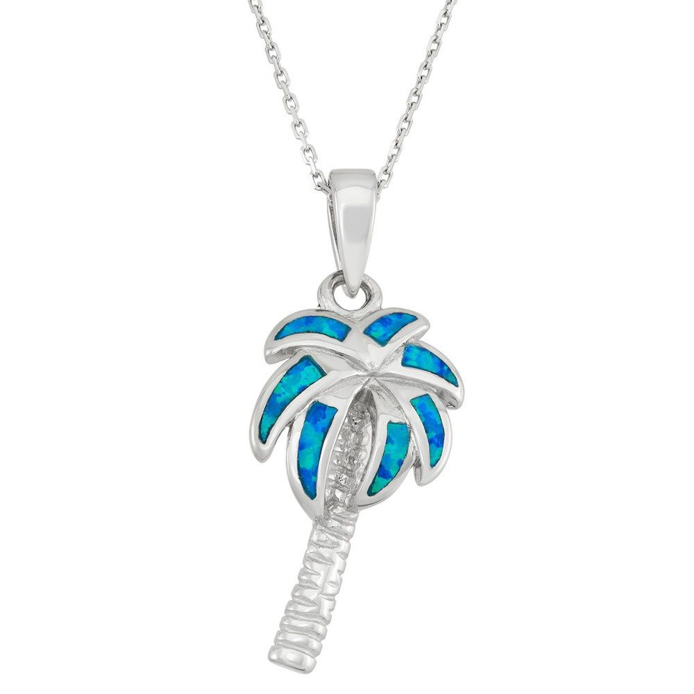 Sterling Silver Blue Inlay Opal Palm Tree Pendant Necklace