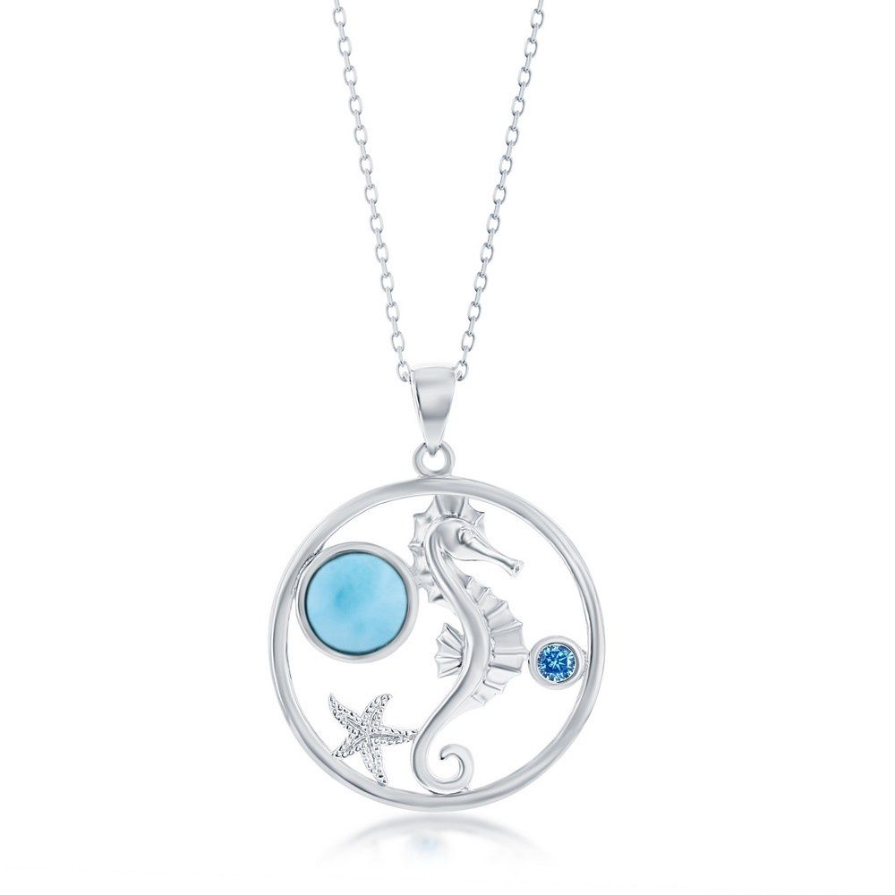 Sterling Silver, Seahorse, Round Larimar &amp; Blue CZ Pendant Necklace