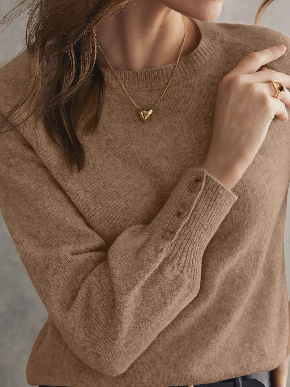 Camel Buttoned Bishop Sleeve Crew Neck Sweater