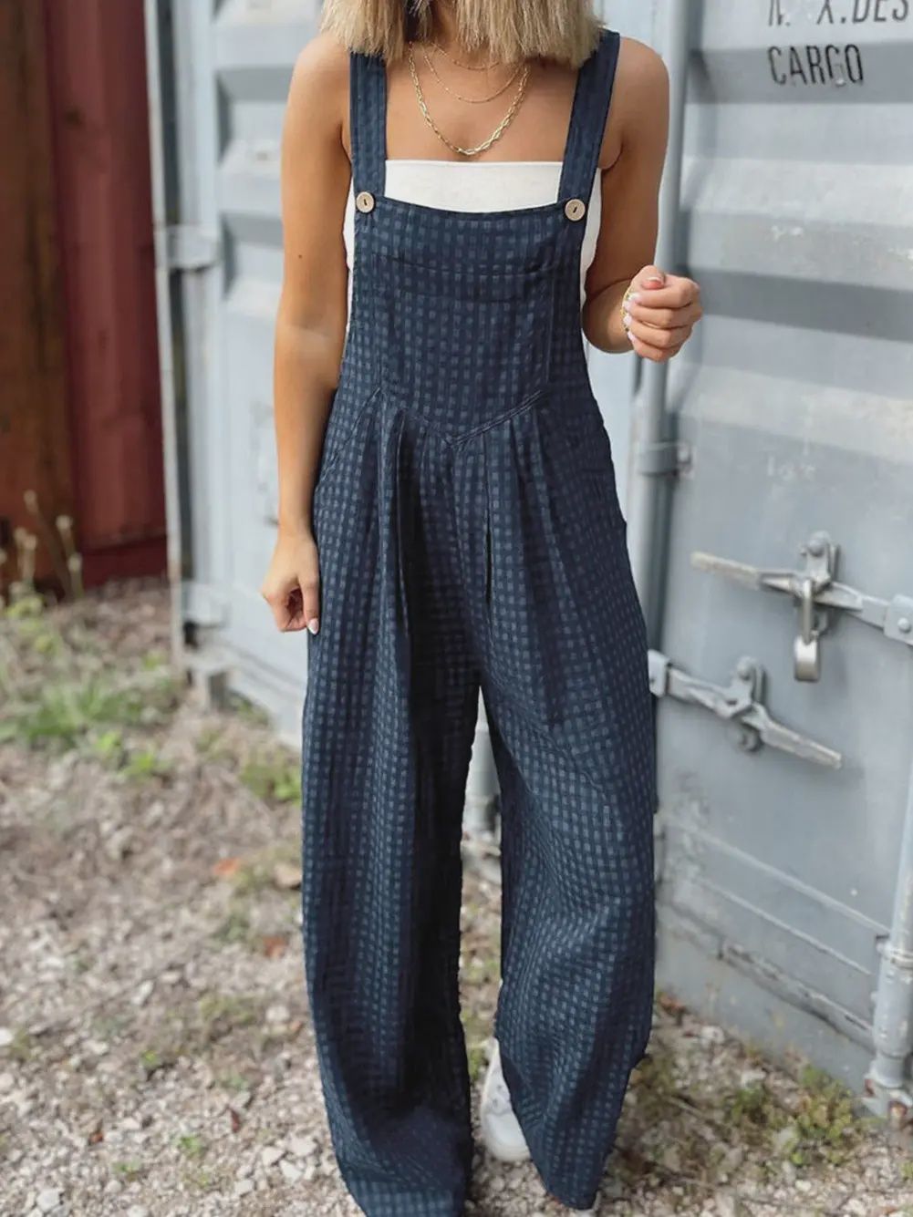 Sail Blue Plaid Print Buttoned Pocketed High Waist Overall