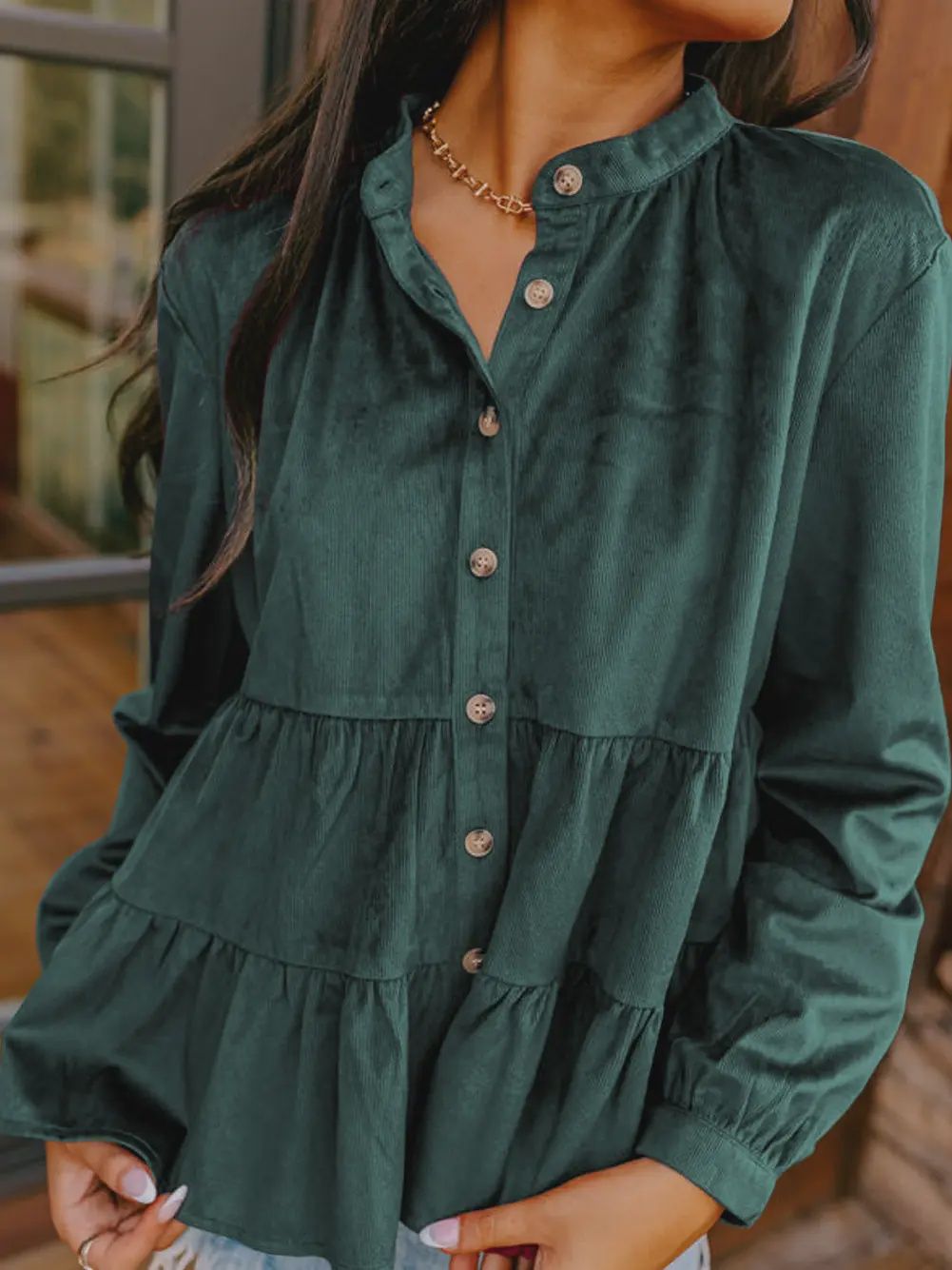 Skobeloff Corduroy Ruffle Tiered Button Up Neck Shirt