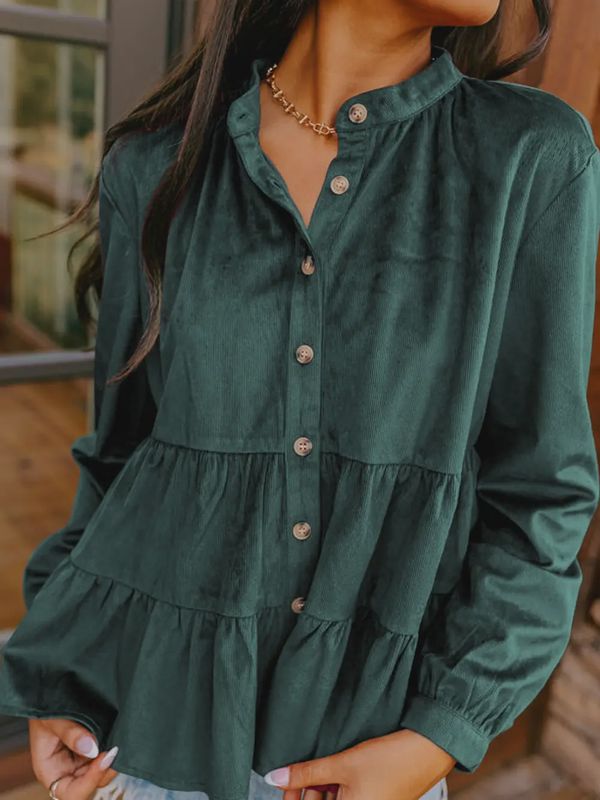 Skobeloff Corduroy Ruffle Tiered Button Up Neck Shirt