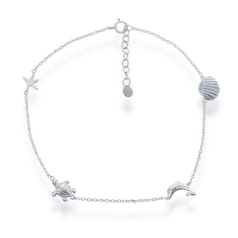 Sterling Silver, Shell, Dolphin, Turtle &amp; Starfish Sea Life Anklet
