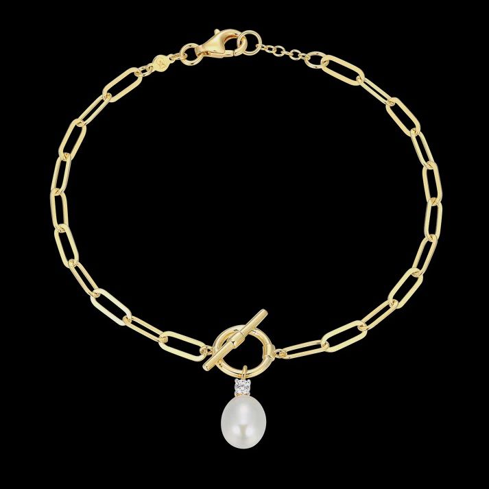 Freshwater Pearl &amp; Lab-Created Diamond Toggle-Look Paperclip Bracelet in 14K Yellow Gold-Plated Sterling Silver