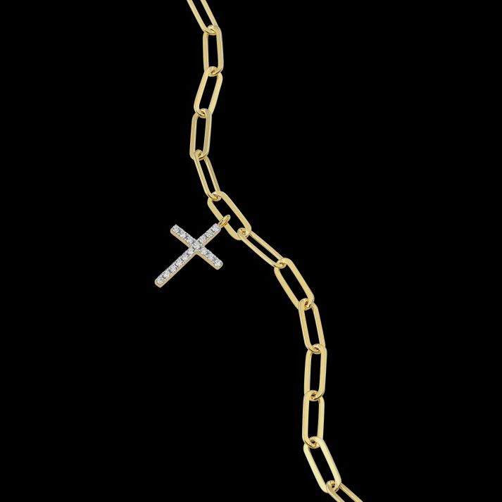 Cross Pendant Lab-Created Diamond Paperclip Bracelet in 14K Gold &amp; Rhodium-Plated Sterling Silver