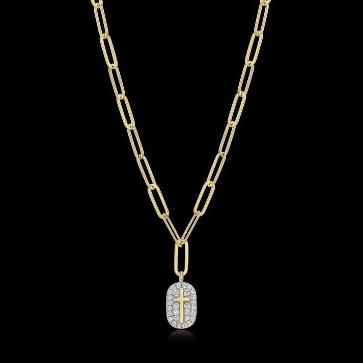 Cross Tag Pendant Lab-Created Diamond Paperclip Necklace in 14K Gold &amp; Rhodium-Plated Sterling Silver