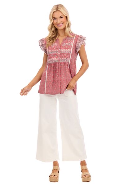 Marina Red Print Flutter Top