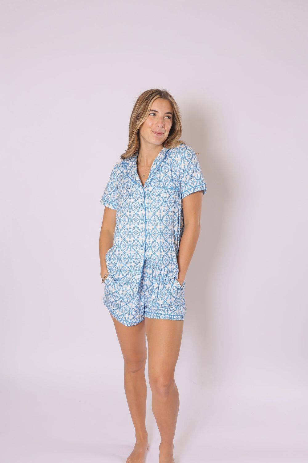 Hannah Pajama Set-Blue Floral Lace