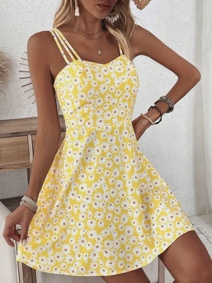 Yellow Floral Print Halter Dress