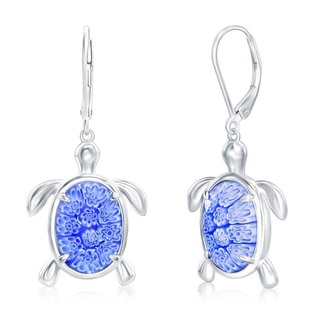 Sterling Silver, Venetian Murano Turtle Earrings - Blue