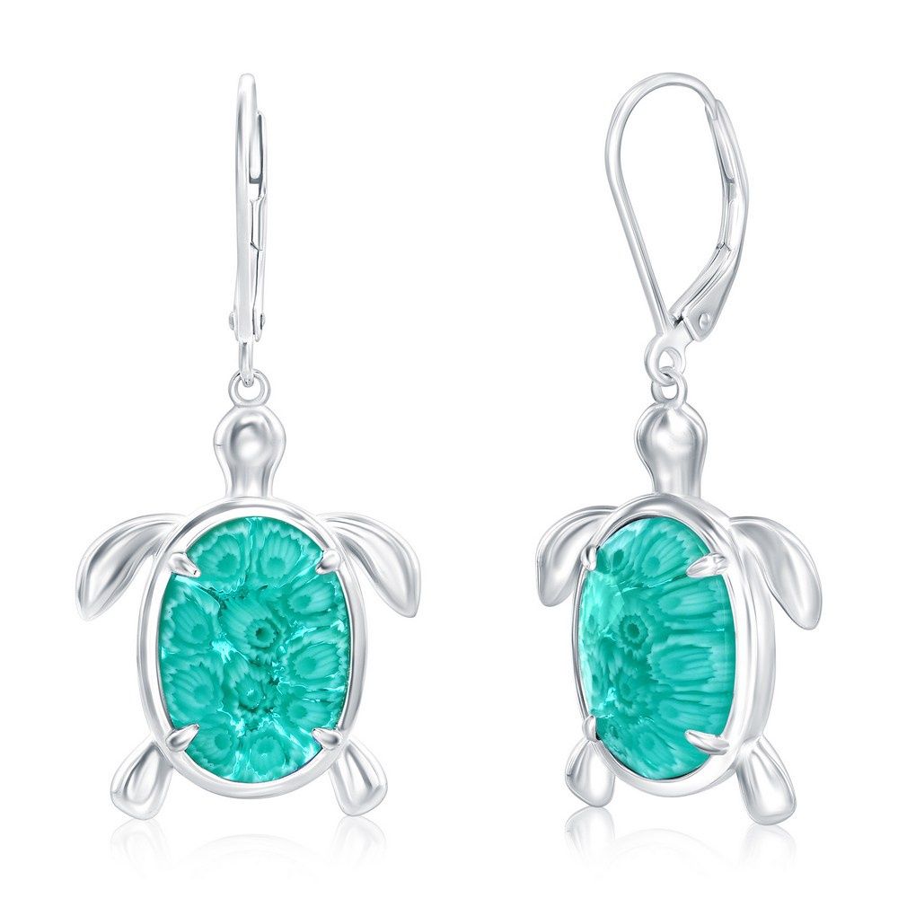 Sterling Silver, Venetian Murano Turtle Earrings - Turquoise