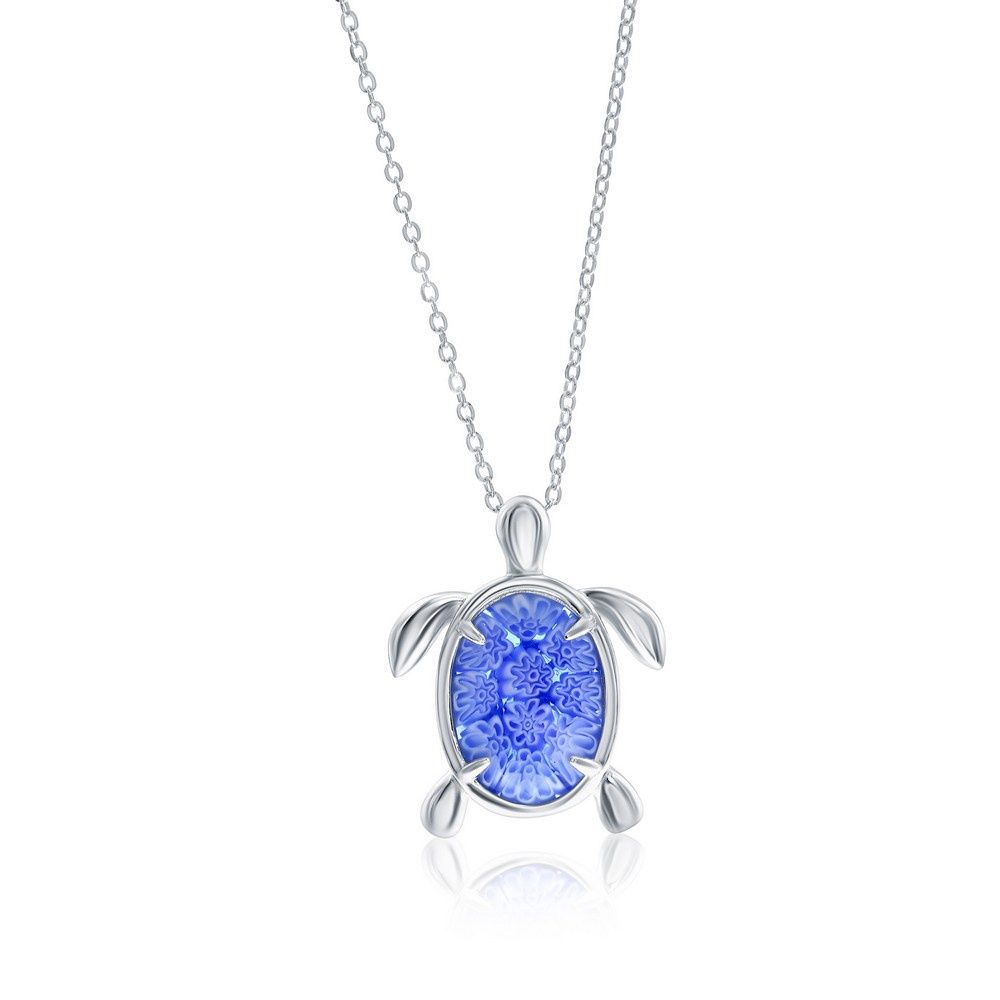 Sterling Silver, Venetian Murano Turtle Necklace -Blue