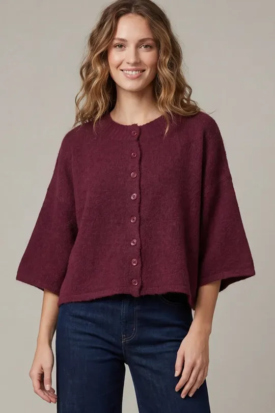 Half Sleeve Cardigan Sweater - Wine