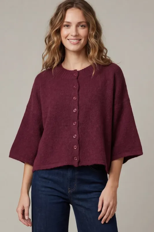 Half Sleeve Cardigan Sweater - Wine
