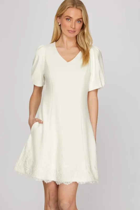 Mini Dress with Lace Hem Detail - Off White