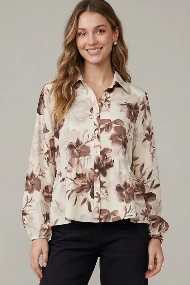 Long Sleeve Floral Print Top - Cream