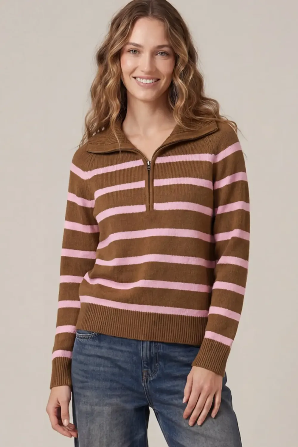 Half Zip Striped Sweater - Brown