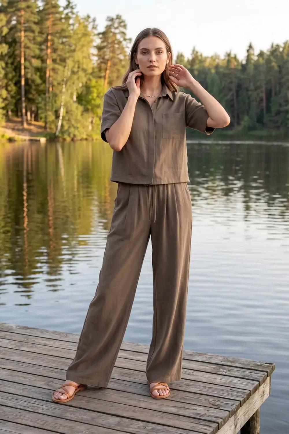 Short Sleeve Top with Pants Set - Brown