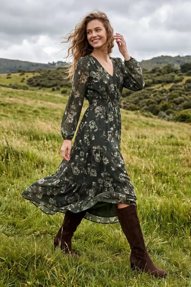 Floral Print Maxi Dress - Green