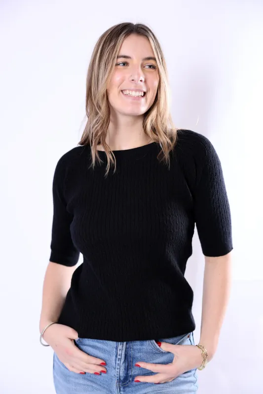 Timeless Ribbed Knit Half Sleeve Sweater - Black