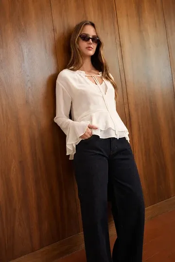 Tiered Ruffle Tie-Neck Long Sleeve Top