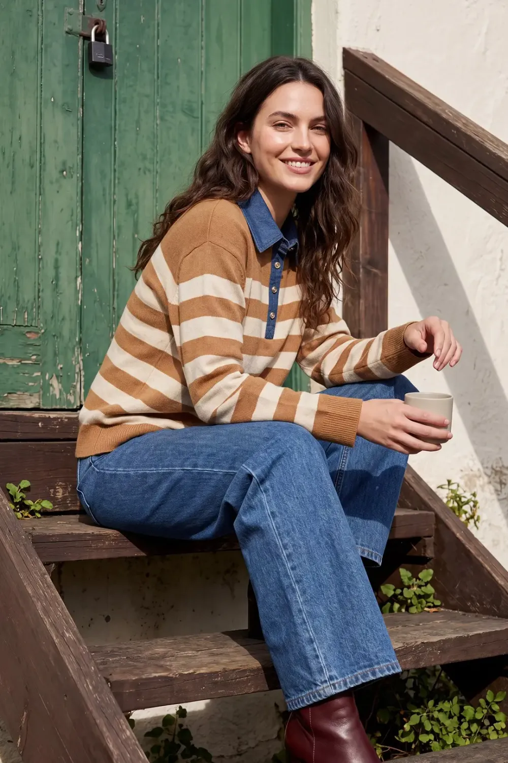 Striped Sweater with Denim Collar