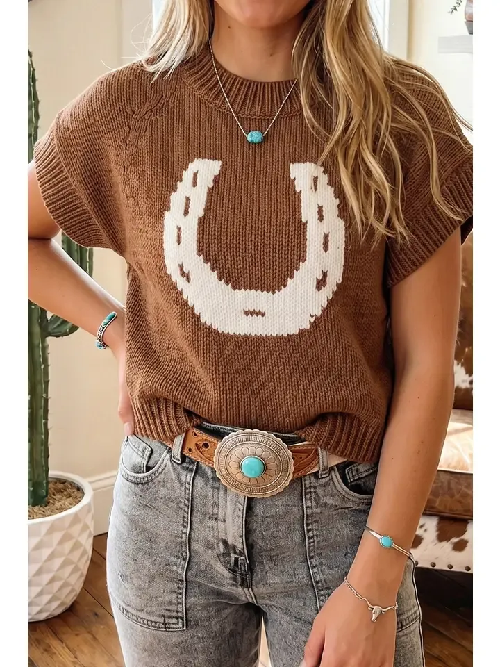 Western Shift Round Neck Short Sleeve Hair Knit Top