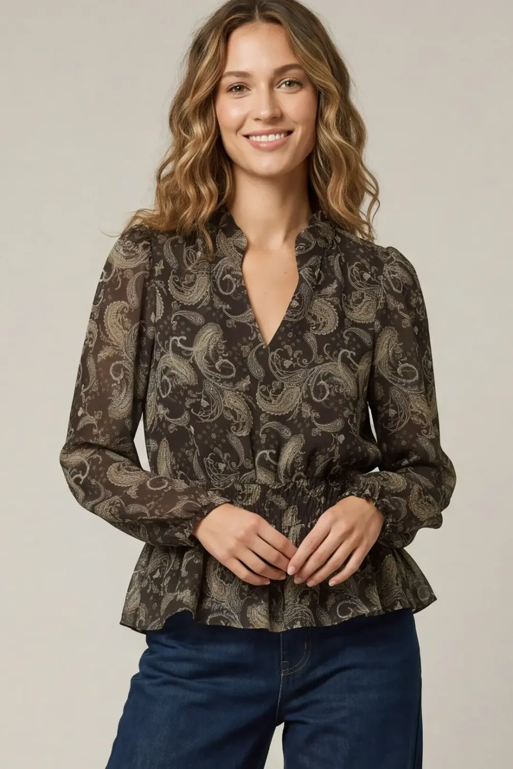 Printed Chiffon Peplum Hem Top