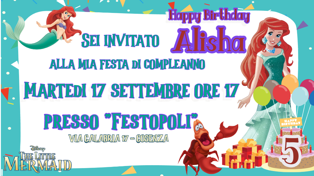 10 Biglietti Inviti Sirenetta Festa Compleanno Bambini
