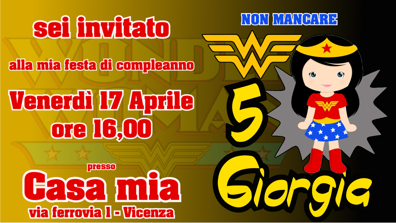 Biglietto inviti personalizza Wonder Woman festa a tema