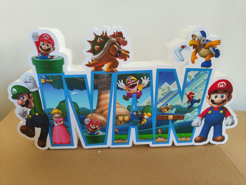 sagoma scritta nome in polistirolo centro tavola personalizzata super mario bros