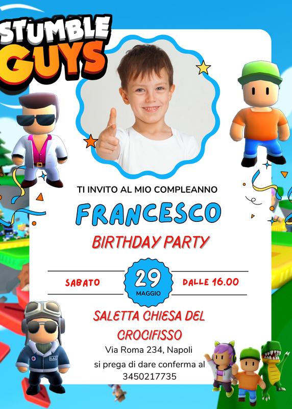 biglietti inviti cartacei digitali da condividere via whatsapp a tema Stumble Guys